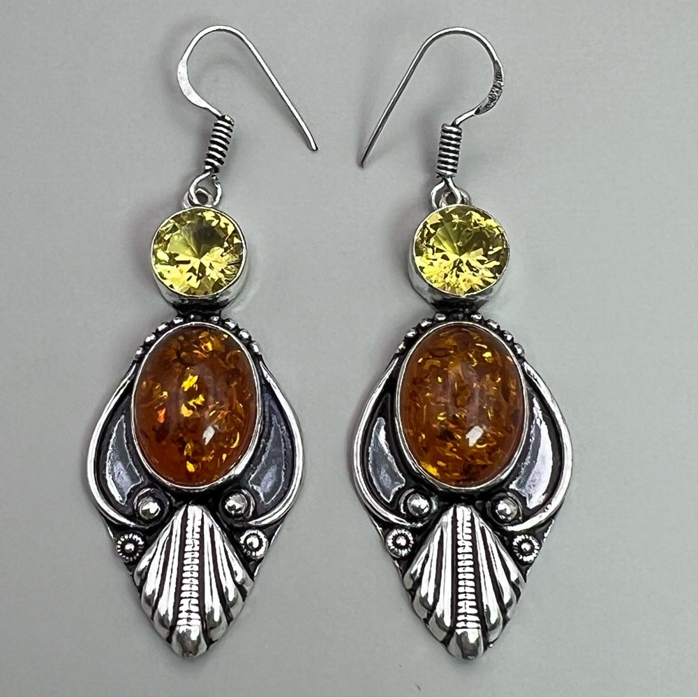 New Created Amber and Citrine Stone Silver Overlay Earrings